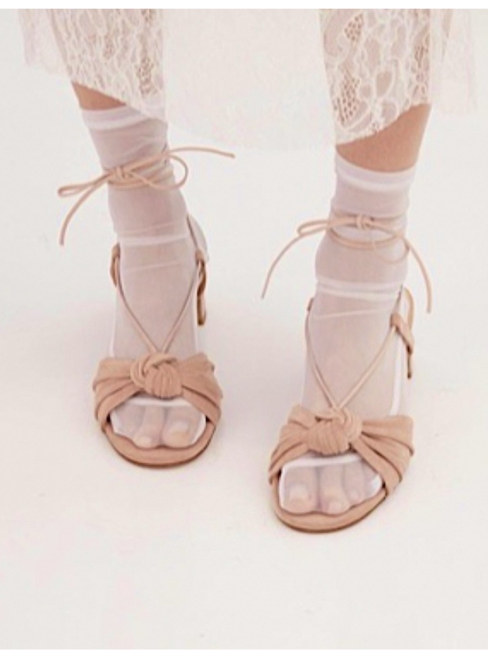 For Love & Lemons x Marais blush pink suede strappy block heels